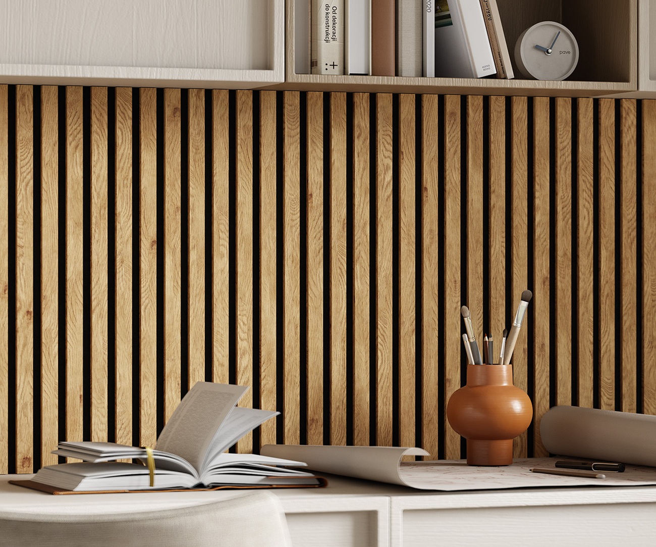 МДФ стеновая панель акустическая Cosca Decor Сканди Дуб Медный черный войлок 600×600×19 фото в интерьере